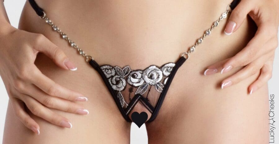 Lucky Cheeks Silver Roses Open Cross Thong